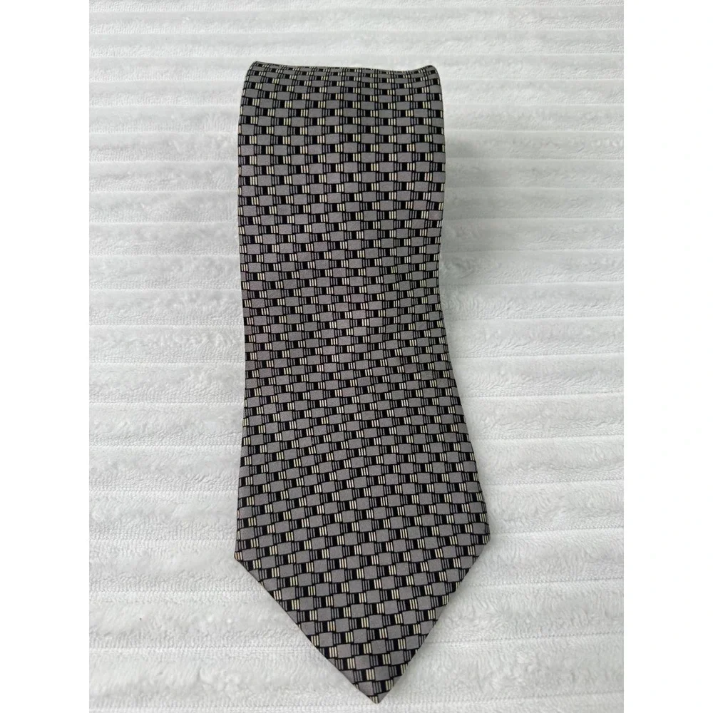 Perry Ellis Portfolio Mens Grey Black Geometric Silk Tie Made in USA 4 Inch Wide